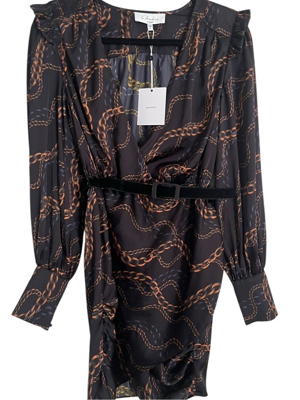 L’Academie Joyce Chain Print Mini Dress XS Black Satin Belted Revolve NWT